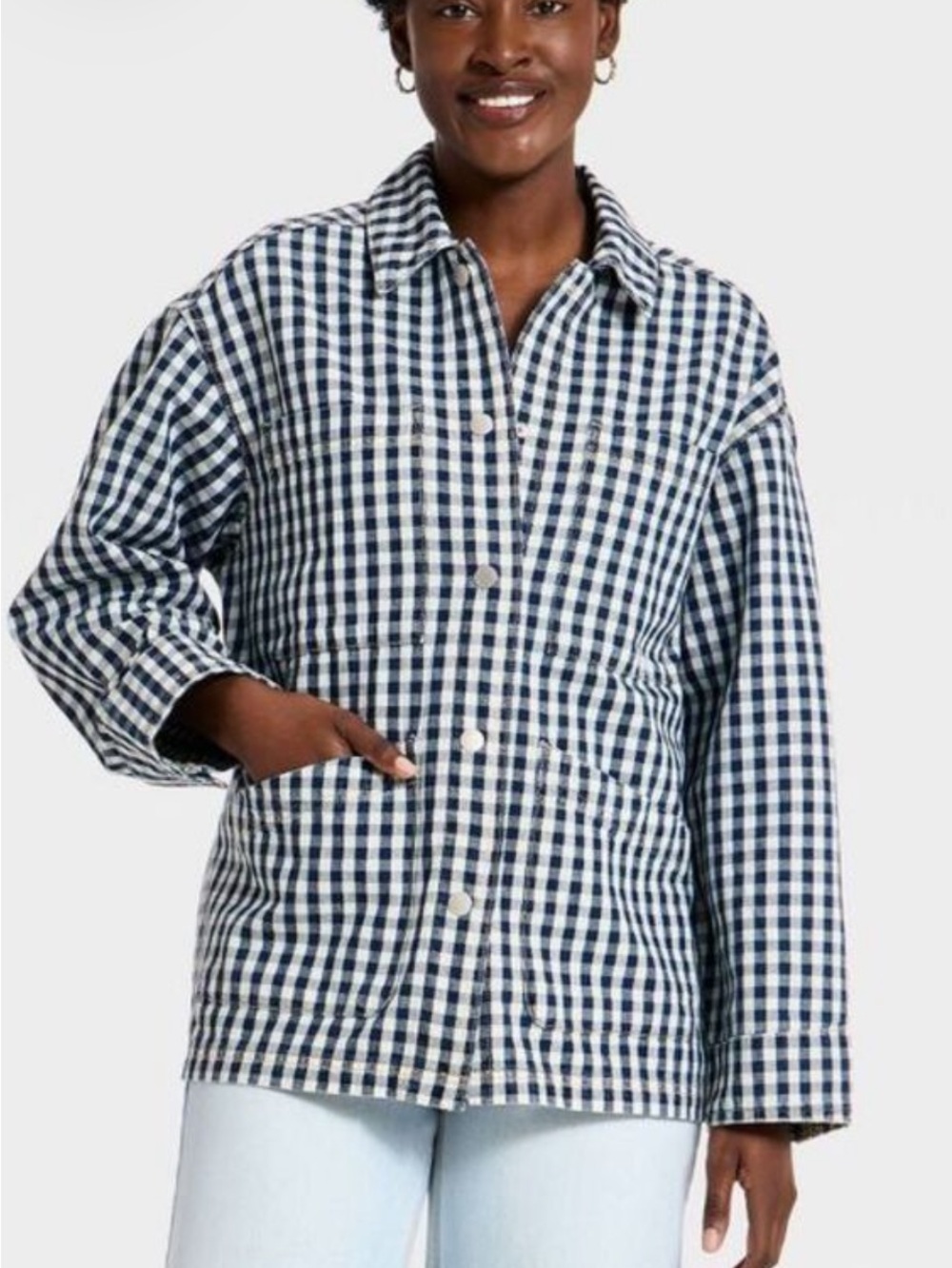 Universal Thread Navy and White Gingham Button-Down Shirt Jacket